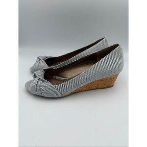 Moda Reflex Womens Navy White Stripe Cork Wedge Peep Toe Shoes Size 9.5
